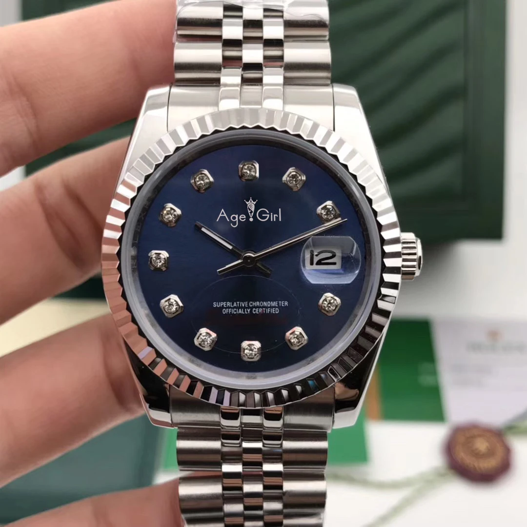 Роскошные брендовые новые автоматические механические мужские часы Datejust из нержавеющей стали сапфировые серебряные черные римские спортивные часы 36 мм AAA - Цвет: Blue Diamond