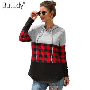 

Hooded Lattice Stitching Hoodies Women Slim Drawstring 2019 New Style Autumn Winter Sweatshirts Long Sleeves Pulloves Hoodies