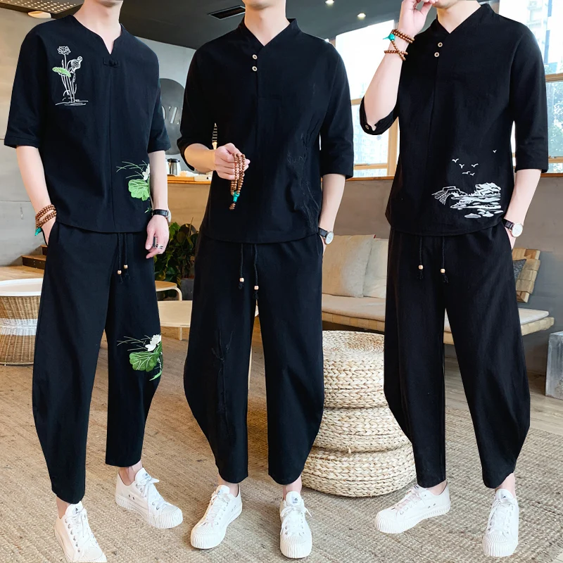 

Original Chinese style spring and summer cotton and hemp landscape plum bamboo embroidered pants short sleeve T-shirt