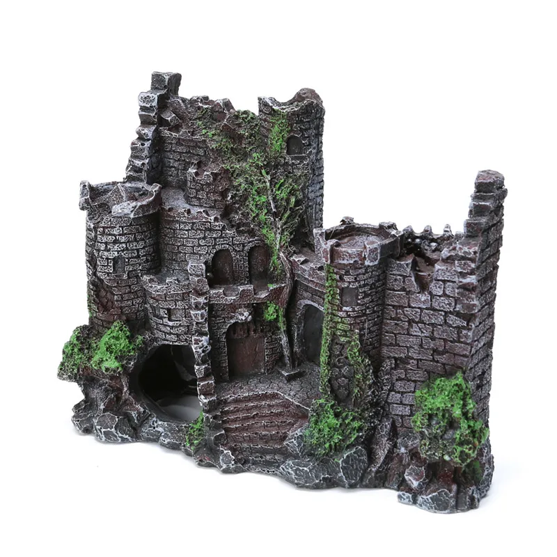 Najtaniej Żywica sztuczne ryby dekoracje zbiornika starożytny zamek krajobrazu do akwarium Rock Cave dekoracja budynek akwarium Accessorie