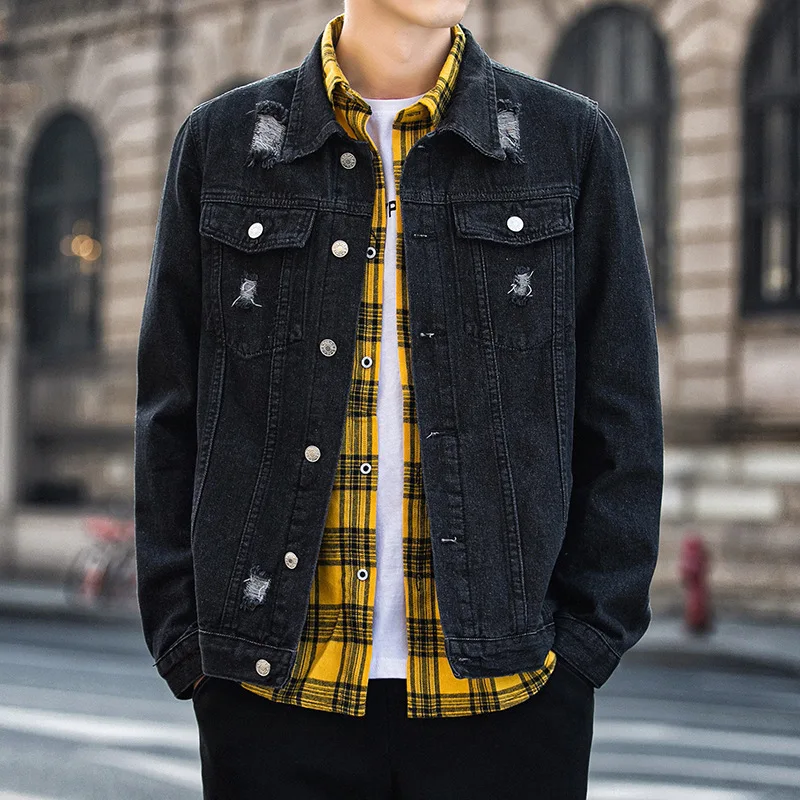 

Spring Cowboy Jacket Men's European And American Style with Holes Handsome Versitile Fashion Jeans Coat Fashion