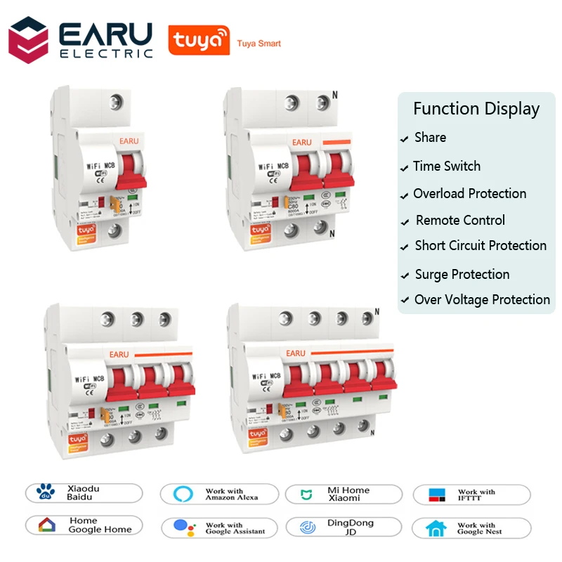 1P 2P 3P 4P 10A-125A Wireless Smart WIFI Circuit Breaker Timer Tuya APP Vioce Remote Control Switch Amazon Alexa Google Home