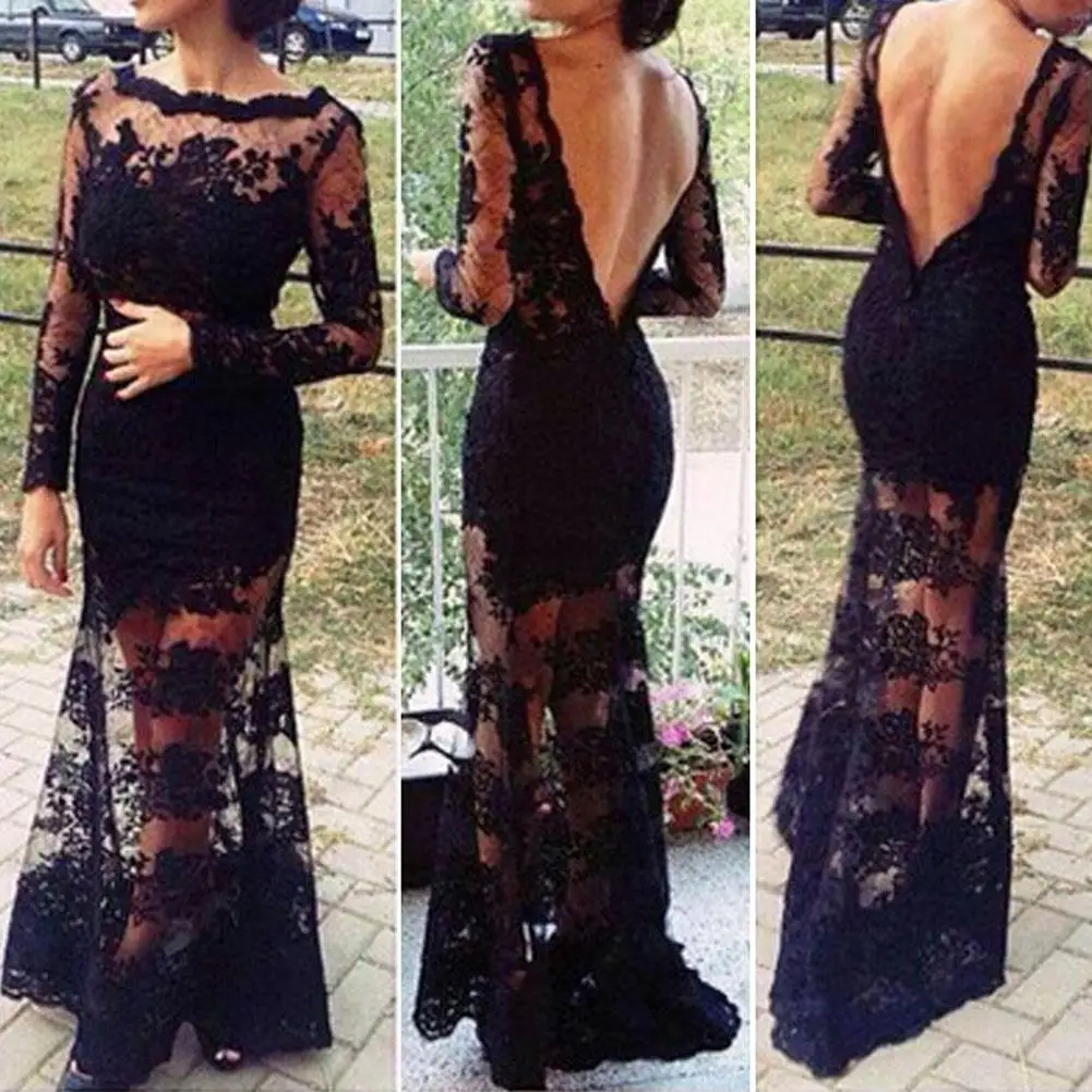 

Fashion Sexy Vintage Women Black Long Lace Dress Backless Fitted Slit Crochet Floor Maxi Party Dresses Vestidos De Fiesta