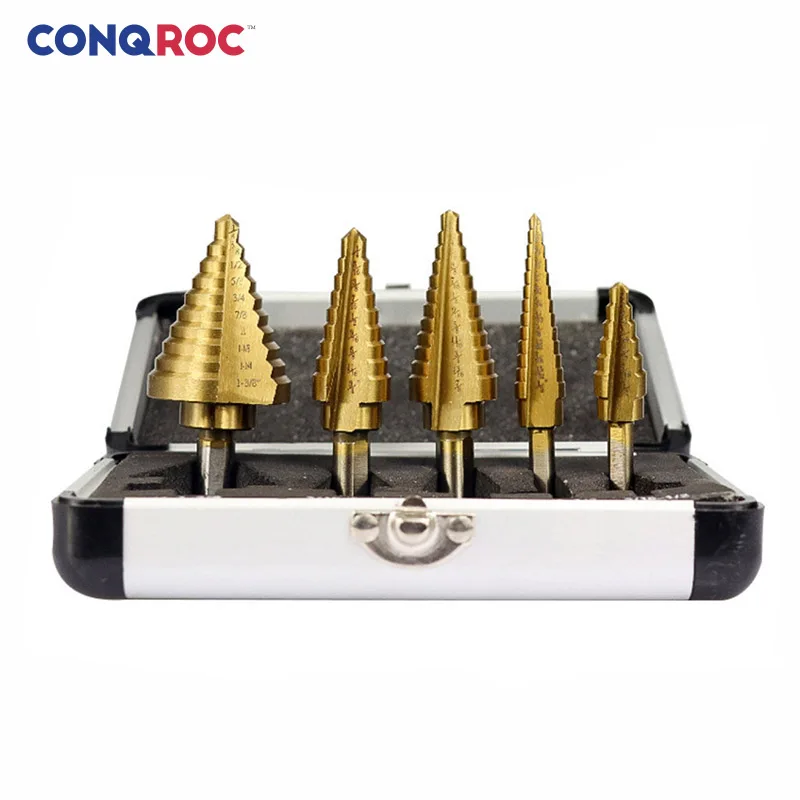 5 Pieces Imperial Sizing Step Drill Bits Set Straight Groove Pagoda