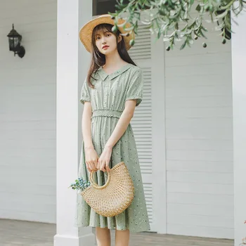 

INMAN Summer New Arrival Short Sleeve Turn Down Collar Print Elastic Shaped Waist Sweet Cute Dress