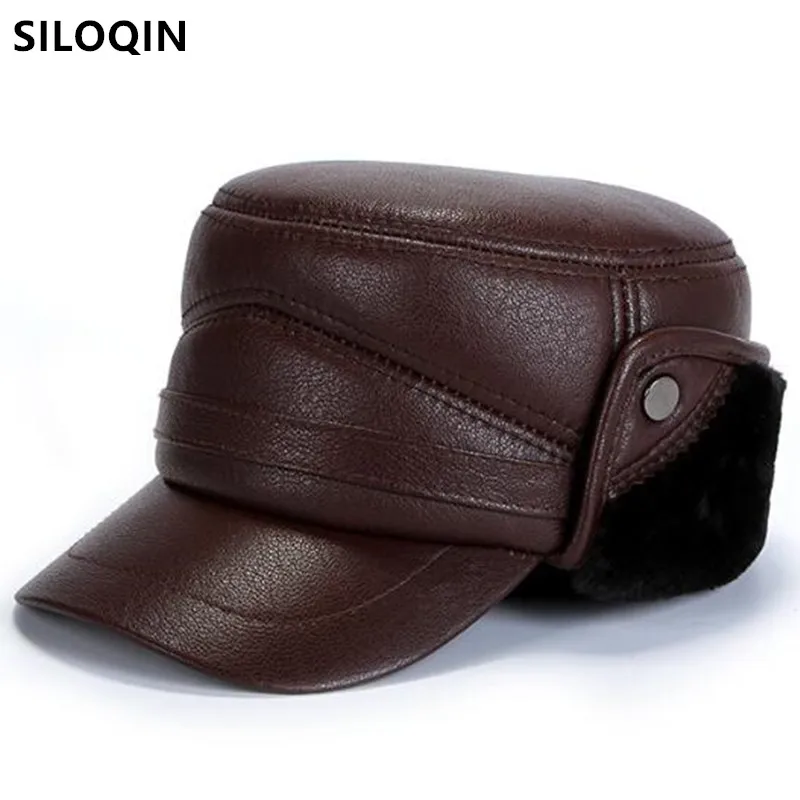 

SILOQIN Natural Genuine Leather Cap Winter Men's Warm Army Military Hats Men Flat Caps Thick Fluff Sheepskin Leather Hat Dad Hat