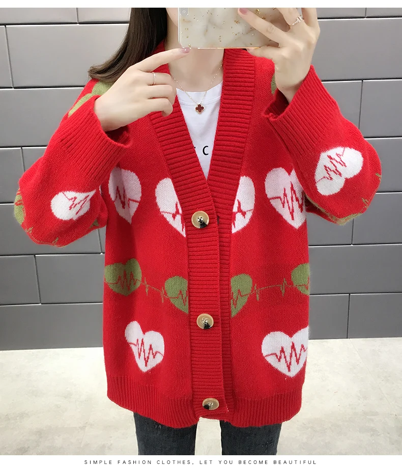 Neploe Love Heart жаккардовый вязаный кардиган с v-образным вырезом для женщин осень зима корейский свободный шерстяной кардиган женский пуловер 54434