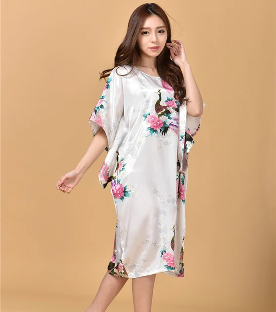 Hot Sale Blue Painting Summer Robe Chinese Women s Faux Silk Bath Gown Nightgown Yukata Flower Plus Size Mujer Pijama S5003