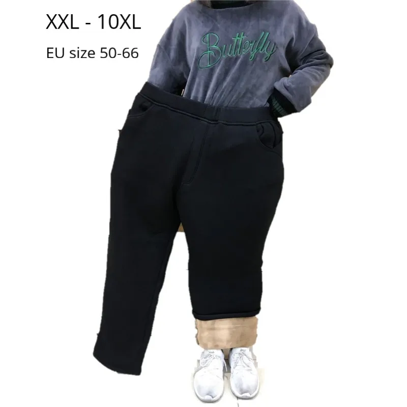 Женские осенне-зимние длинные брюки размера плюс 10XL 9XL 8XL, женские черные брюки с высокой талией, женские бархатные теплые штаны