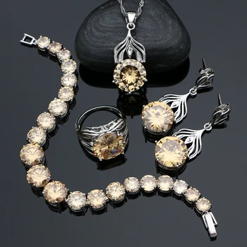 

925 Sterling Silver Bridal Jewelry Set for Women Champagne Zircon Drop Earrings Pendant Ring Necklace Bracelet