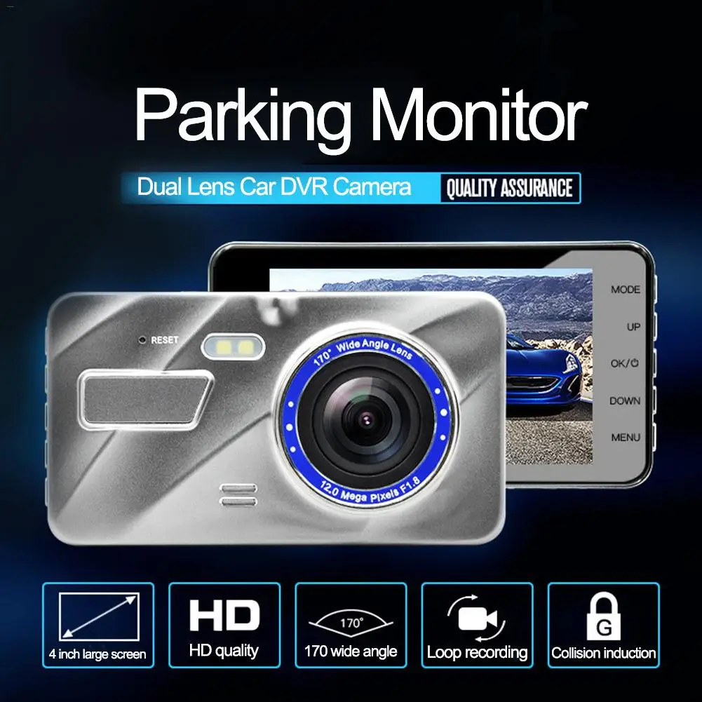 HD 4 дюйма Двойной объектив изображения 1080P Скрытая широкоугольный вождения Регистраторы Dash Cam Двойной объектив Видеорегистраторы для автомобилей Камера HD монитор парковки