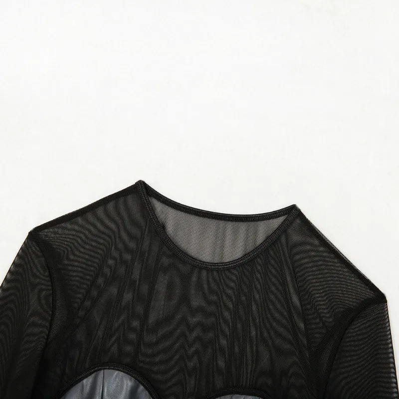 NCLAGEN Ladies Sexy Transparent Mesh PU Patchwork Long Sleeve Party Bodysuits Striped Eyelet Clubwear Active Bodycon