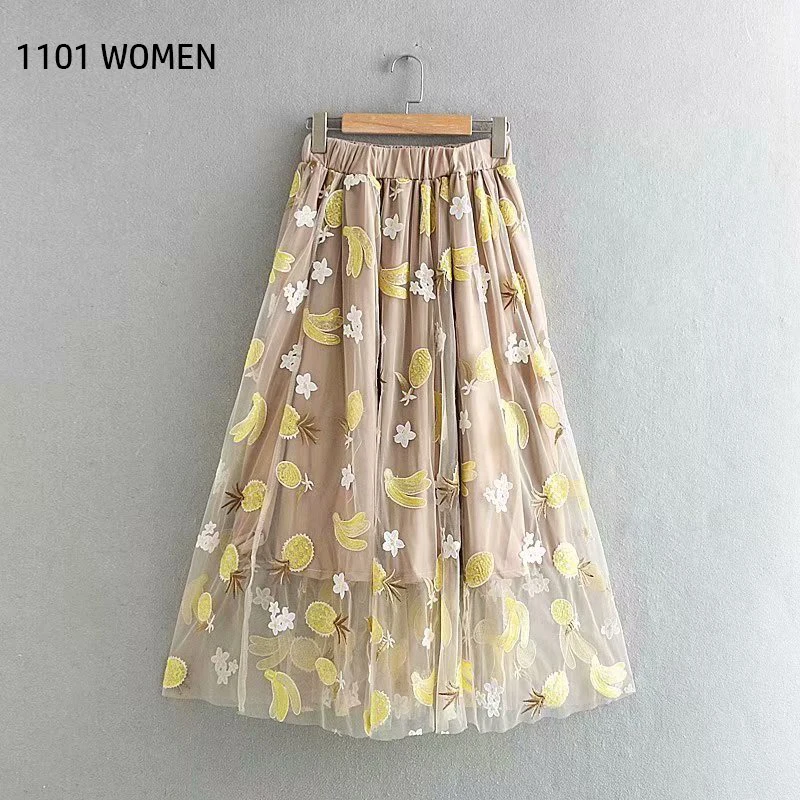 

ZA 2020 spring women khaki mesh banana printed Elastic waist skirt casual fashion female woman clothes