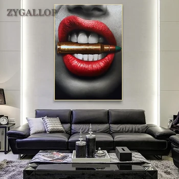 

ZYGALLOP Modern Wall Art Prints Posters Sexy Red Lips Bite Bullet and Money Canvas Painting For Pub Bar Living Room Decoration