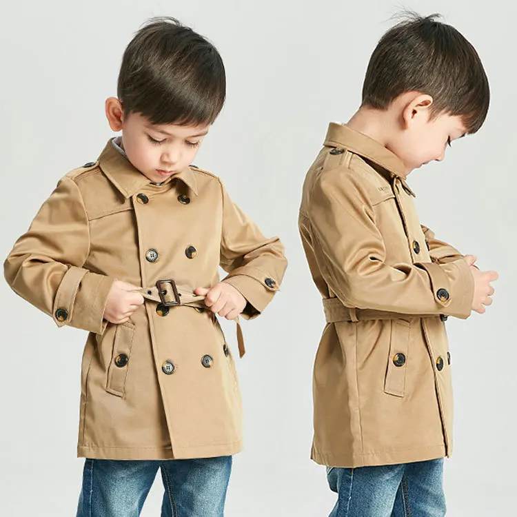 

Coat Boy Girl Clothes Windproof Jacket British Double Breasted Windbreaker Turn-down Collar Button Belt Kids Outwear 2020