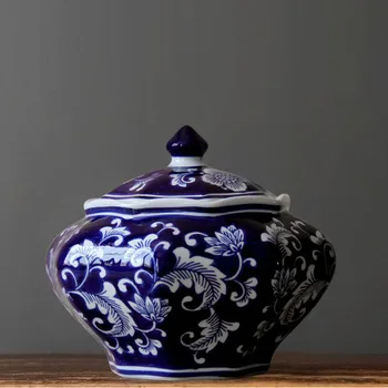 

Blue and White Porcelain Tea Caddy Decoration Household Retro Ceramic Food Storage Box Kitchen Storage Container Home Decoration