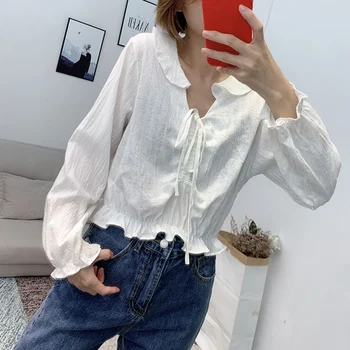 

Shirt Women Niche V-neck French Long-sleeved Pleated Shirt Autumn Solid Color Drawstring Tops