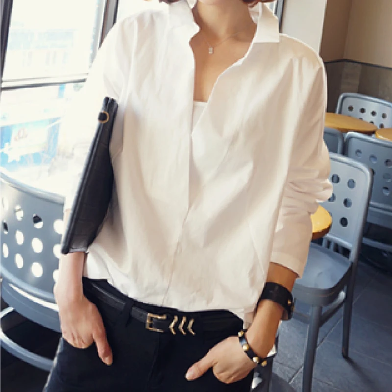 2019 новые женские топы Осенние блузки с длинными рукавами белая рубашка v образным