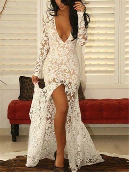 

Evening/Prom Dress Sheath Deep V-Neck Floor-Length Lace Long Sleeve with Split-Front