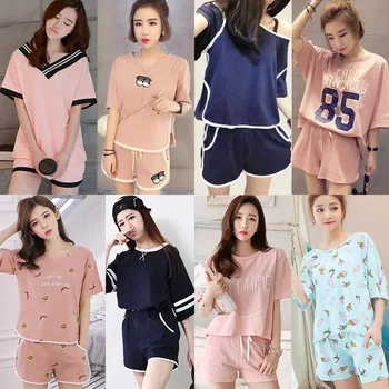 

Korean-style V-neck Students Pajamas Women's Summer Short-sleeved Fresh And Lovely Sweet Loose Tracksuit Two-Piece Set