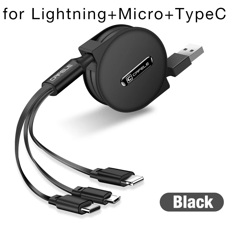 Cafele 3 в 1 Выдвижной USB кабель для iPhone Micro usb type C плоский кабель Быстрая зарядка для iPhone кабель+ Micro USB+ type-C - Цвет: L-M-T-Black