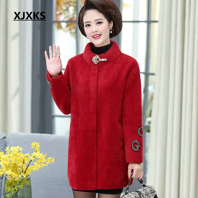 XJXKS женское длинное шерстяное пальто зима новое свободное плюс размер Высококачественная Светодиодная лампа направленного света Женское пальто - Цвет: Красный