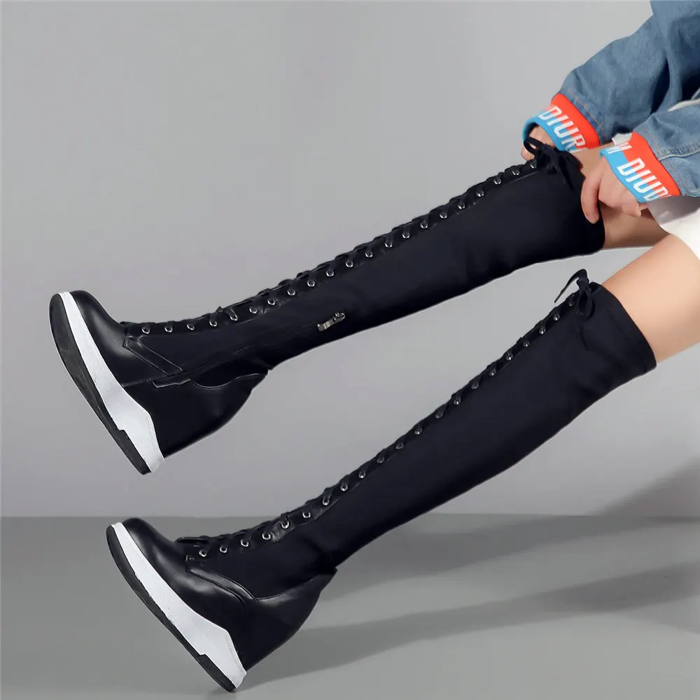 2021 Platform Pumps Shoes Women Genuine Leather Wedges High Heel Over The Knee Boots Female Stretchy Thigh High Fashion Sneakers