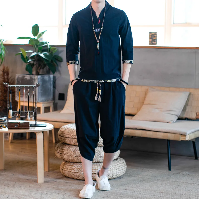 

2019 Summer Flax Set Men's Chinese-style Short Sleeve T-shirt Cotton Linen Two-Piece Set Meditation Tea Service Lay Clothes