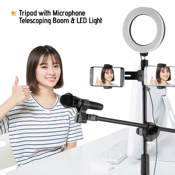 

Video Streaming Kit with Microphone Tripod 26cm/10inch LED Ring Light Telescoping Boom Double Phone Clamps Sound Car Tray