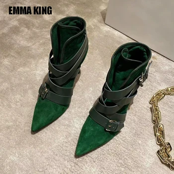 

2020 New Fashion Winter Short Boots Women Punk Belt Decor Pu Pointed Toe Short Boots Runway Thin Heel Short Boots For Women