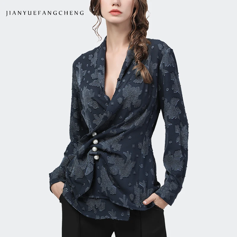 Fashion Blue Embossed Women' Shirt Long Sleeve