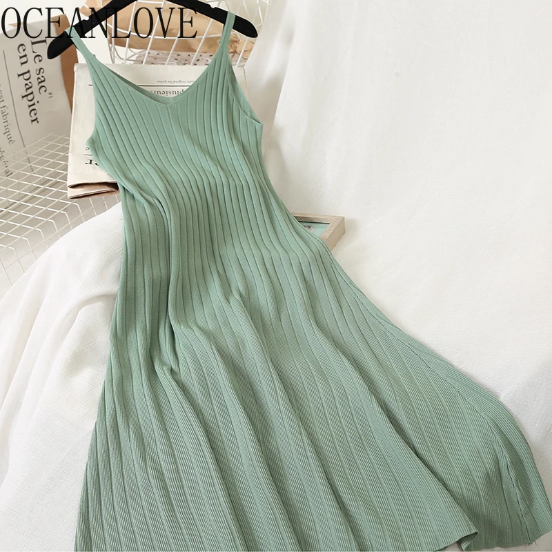 

OCEANLOVE Solid Knitted V Neck Women Dress Casual All Match Basic Vestidos Spring Summer Long Dresses 2020 Ropa Mujer 14289