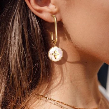 

Woogge Classic Natural White Shell Inlaid Star Awn Metal Drop Earrings for Women Geometric Oval Gold Color Pendant Earrings