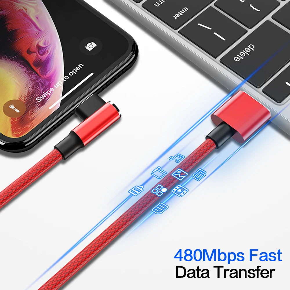 90 градусов USB кабель быстрой зарядки мобильного телефона данных провод Кабель Microusb для iphone 6 7 8 plus XS X XR Max