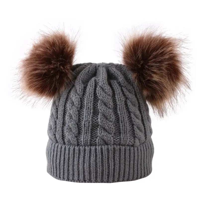 Balleenshiny/Модная детская шапка s, Милая зимняя шапка с помпоном для малышей, двойная шапка с меховым помпоном, теплая вязаная шапка для новорожденного - Цвет: Серый