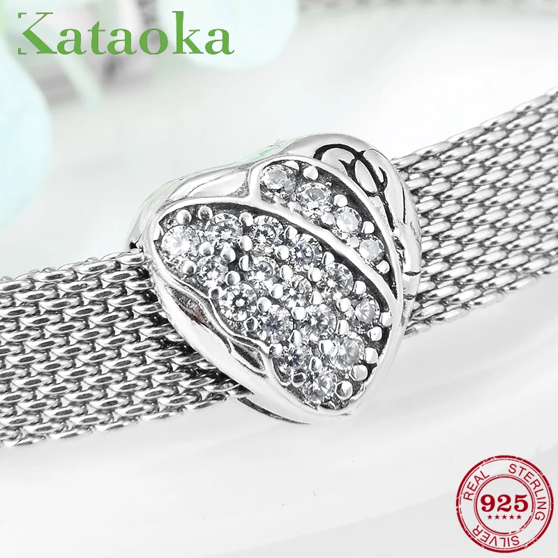 

Genuine 925 Sterling Silver Beautiful Heart Charming CZ Bead Clip Lock Fit Reflection Charms Bracelet for Women DIY Jewelry