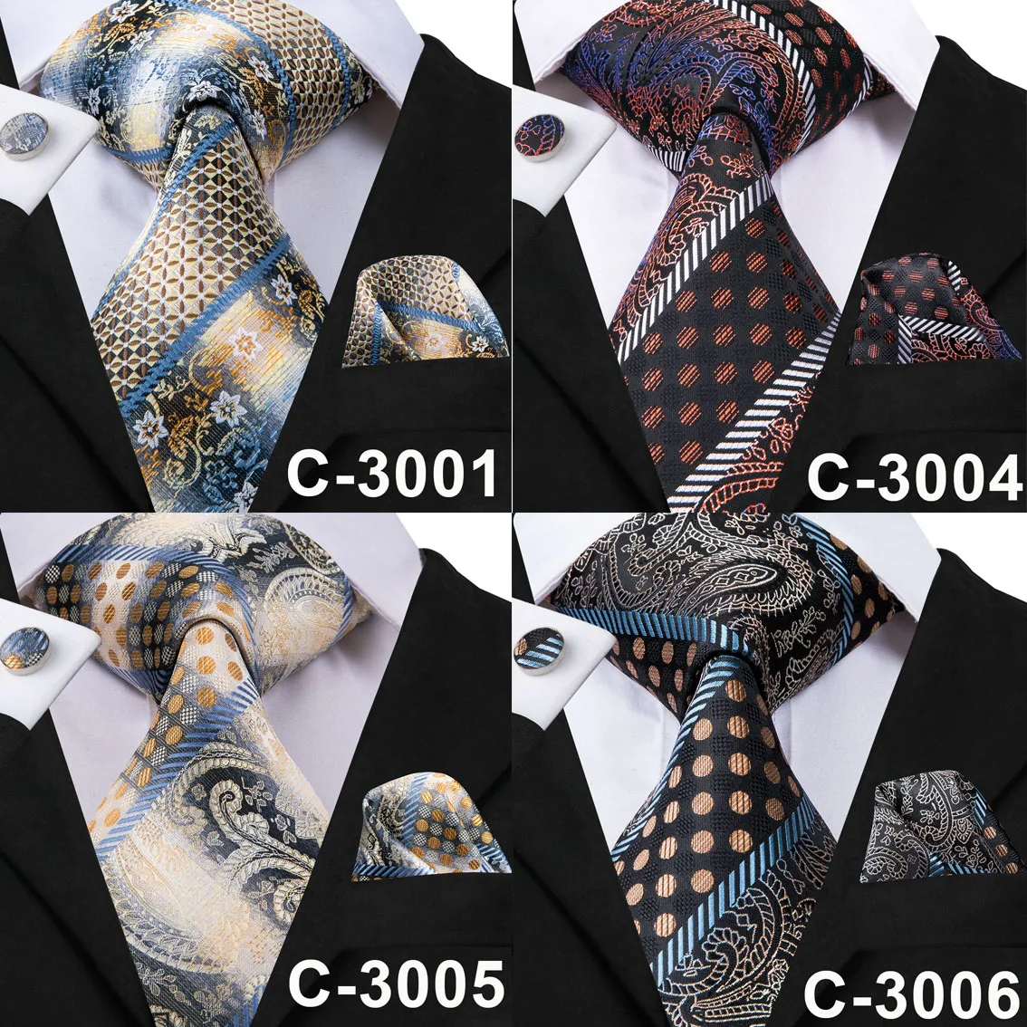 Hi-Tie Мужские галстуки черный галстук в горошек узорчатые Галстуки карманные Квадратные Запонки Набор Свадебная вечеринка деловой галстук для отца C-3006