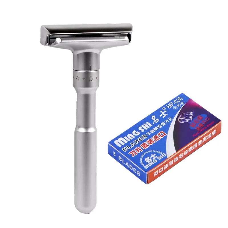 

DDPGGL Men Adjustable Safety Razor Double Edge Classic Shaving Mild to Aggressive 1-6 File Hair Removal Shaver with 5 Blades