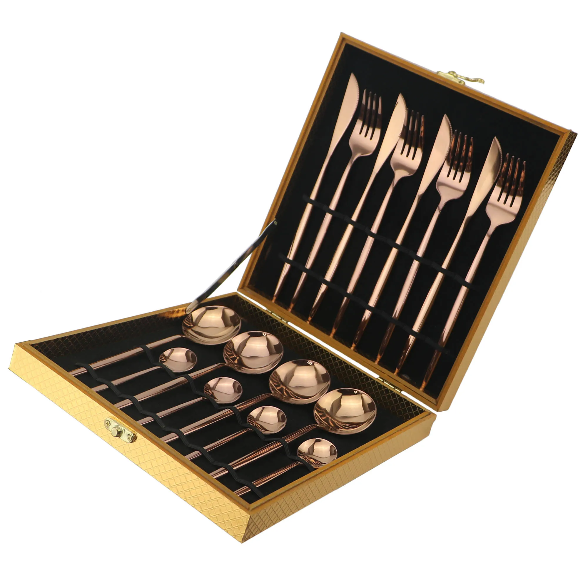 Rose-GoldBox 16pcs Colorful Luxury Rainbow Dinnerware Set Knife Fork Spoon Gold Cutlery Set 304 Stainless Steel Tableware Set With Gift Box - Цвет: Rose-GoldBox