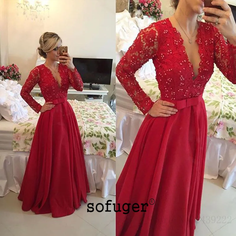 

Long Red V Neck Appliques Pearl Backless Evening Mother of the Bride Dresses Plus Size Weddings Party Vestidos Mae Da Noiva