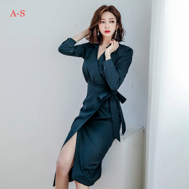 

2019 Women Elegant Autumn New Korean OL Temperament V-neck Long Style Bodycon Fashion Dress Female