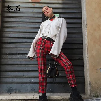 

Women Summer Casual Red Plaid Straight Pants Female Ankle Length Trousers Lattice Checker Capris
