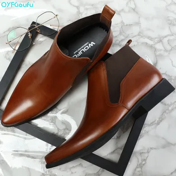 

QYFCIOUFU Brand Handmade Chelsea Boots 2019 Men's Genuine Leather Shoes Solid Male Vintage Boot Ankle Party Office Brown Sapatos