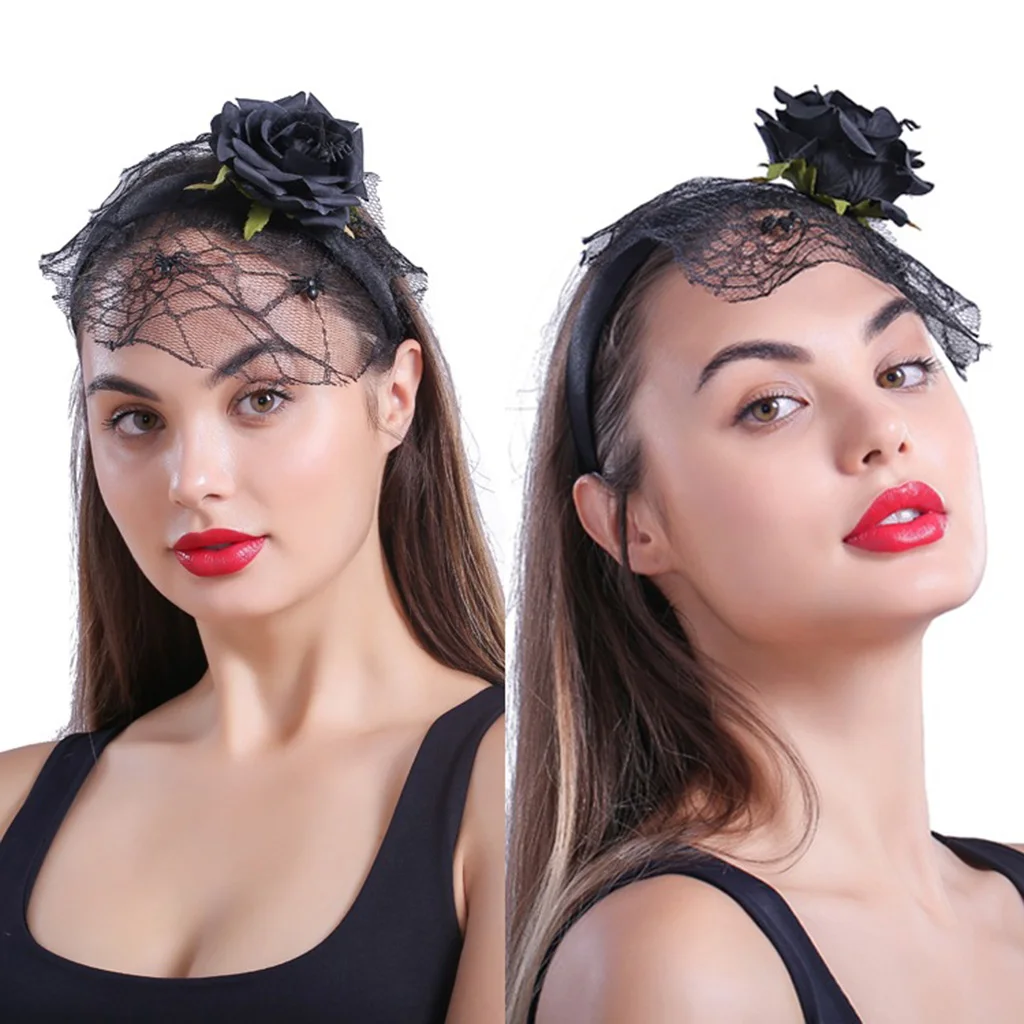 Halloween Black Flower Headband with Veil Headpiece Hair Band Hoop Mexican Fancy Dress Headpiece 