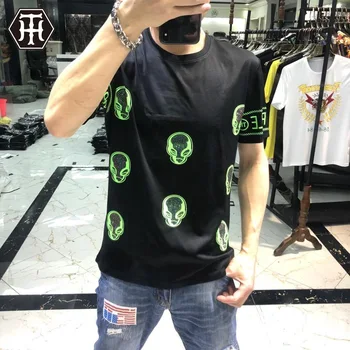 

2020 Skulls Rhinestones Men T Shirts Summer Streetwear Mercerized Cotton Clothes Short Sleeve Slim Tee Shirt Calaveras Camiseta