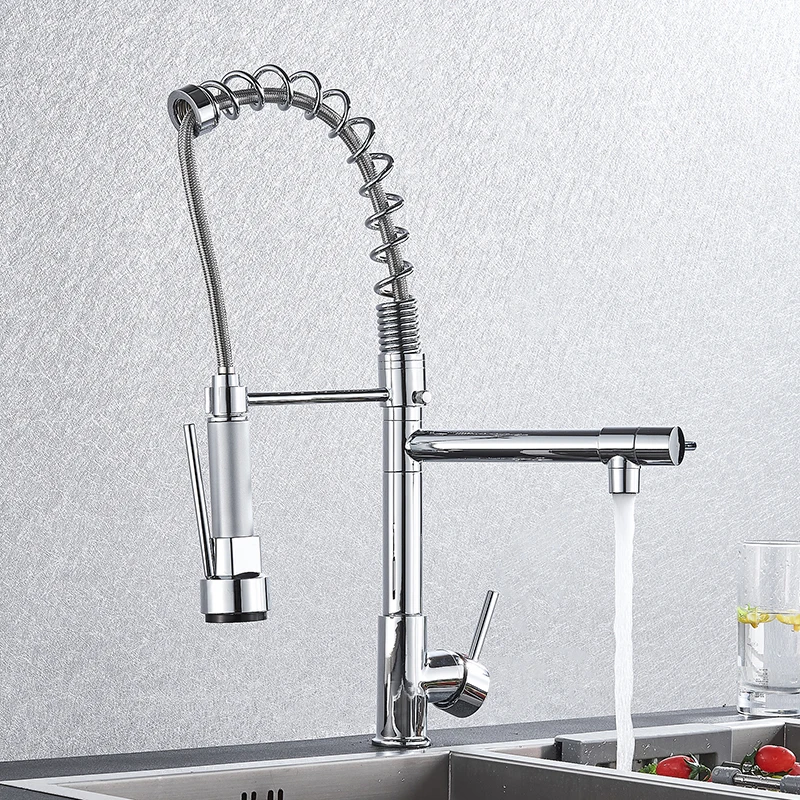 

Chrome Spring Kitchen Faucet Pull out Side Sprayer Dual Spout Single Handle Mixer Tap Sink Faucet 360 Rotation Kitchen Faucets