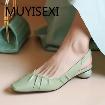 

Slingbacks shoes genuine leather shallow slip on 2.5cm low round heel square toe women sandals Apricot Green THN20 MUYISEXI