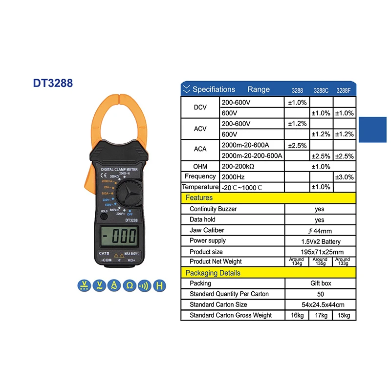 Urijk ЖК цифровой клещи DT3288 авто-Диапазонный мультиметр AC/DC напряжение тока Ом Сопротивление электронный измеритель