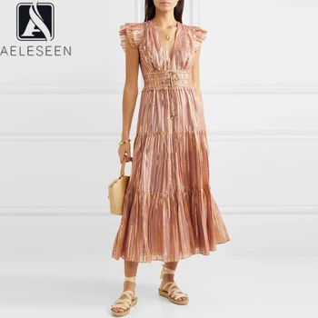 

AELESEEN 2020 Summer Pink Dress Ruwnay Fashion Butterfly Sleeve Stripped Gold Waist Elastic Bow Pleated Elegant Pleated Dress