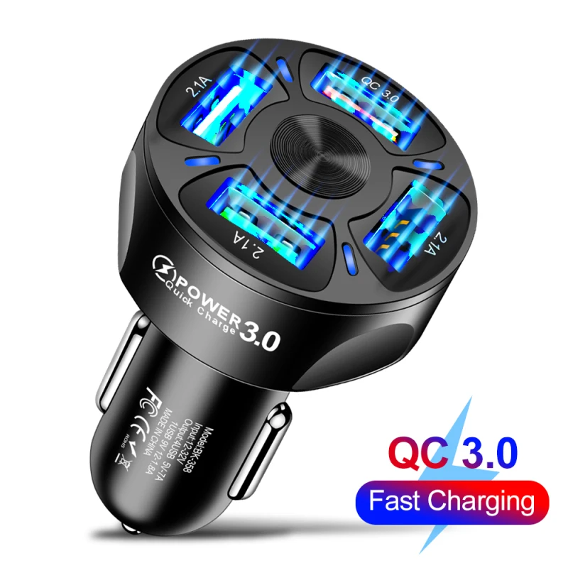 

Car Quick Charger 3A QC3.0 4 USB Charger PC Retardant Material Stable Current Output LED Light One For Four Auto Phone Charger